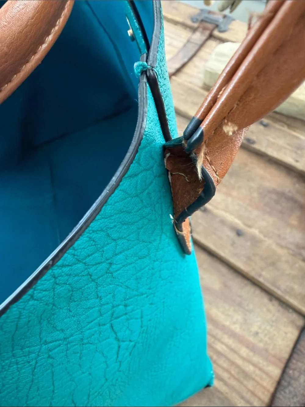 Sofia Vitali Teal Faux Leather Tote with brown Handles